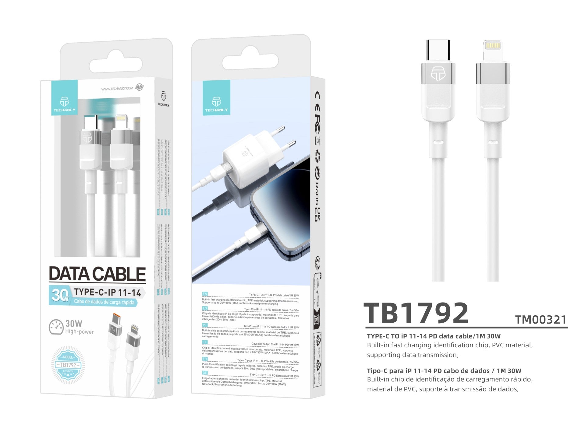 Techancy Cabo De Dados Pd 30w Branco 1m TB1792, Usb C-Ipx/11/12-14 Suporta Carregamento Rápido, Transferência De Dados