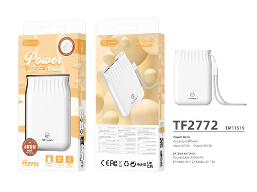 Techancy 6500mah Power Bank Branco TF2772，Carregamento De Telemóvel/Tablet Compatível Com 2A, Fonte De Alimentação Portátil