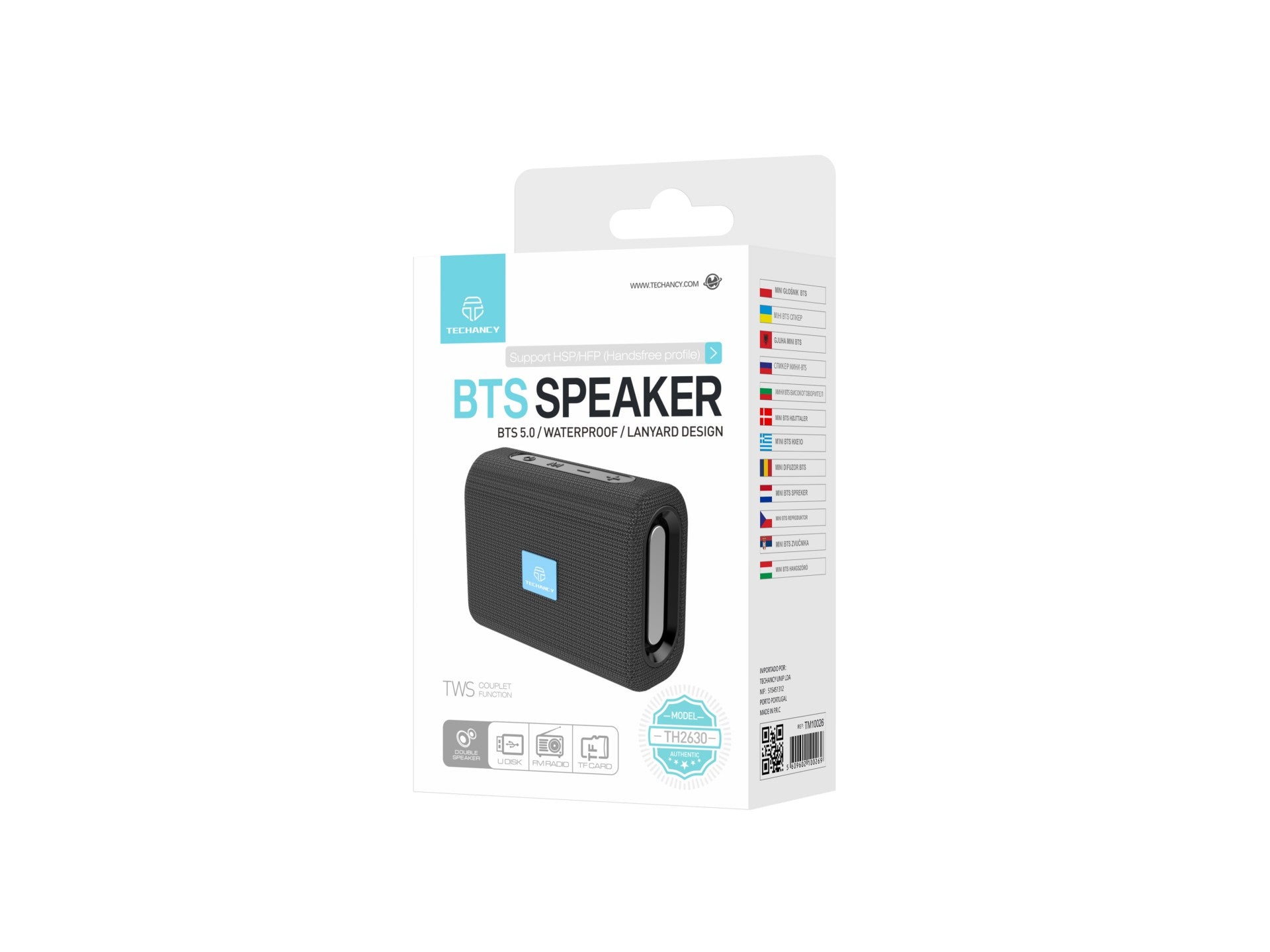 Techancy Mini Altifalante Sem Fios Preto TH2630, Reprodução Com Bateria Incorporada, Conetividade Bluetooth 5.0, Suporte Tws