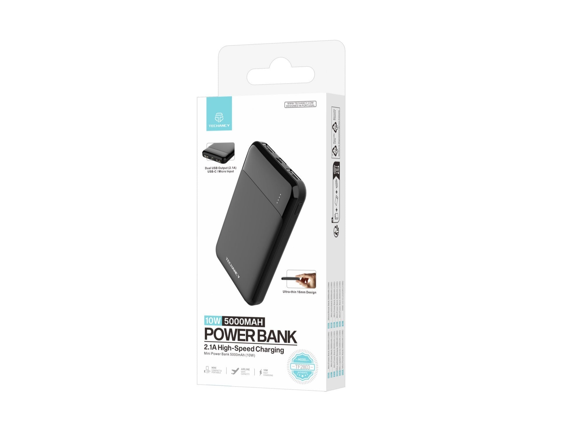 Techancy Mini Power Bank 5000mAh TF2803 10W Carregamento Rapido Compacto Protecao Inteligente para Telemovel e Tablet