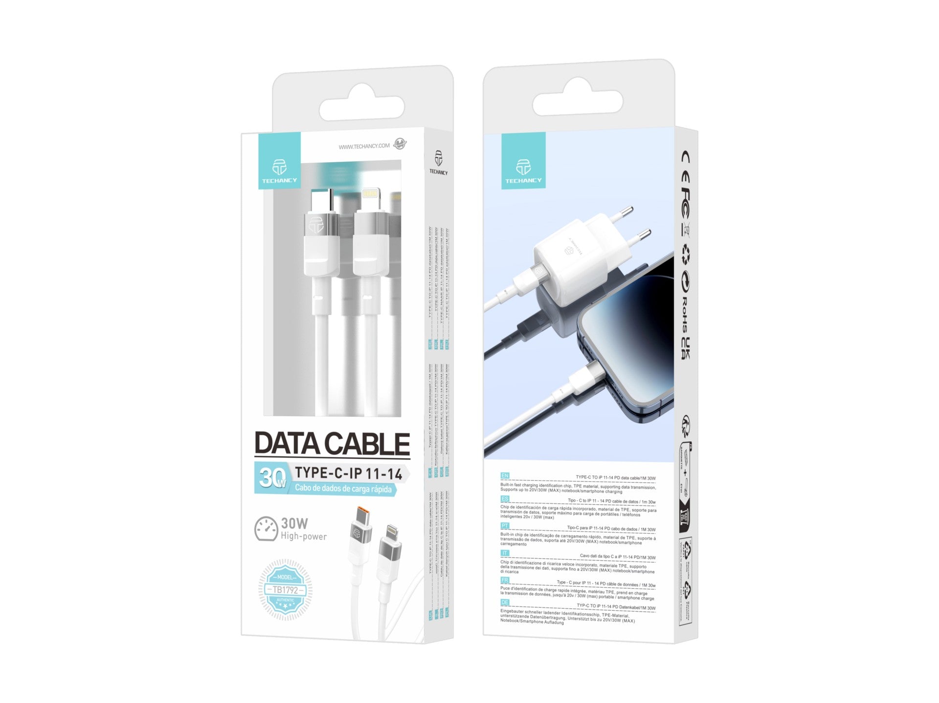 Techancy Cabo De Dados Pd 30w Branco 1m TB1792, Usb C-Ipx/11/12-14 Suporta Carregamento Rápido, Transferência De Dados