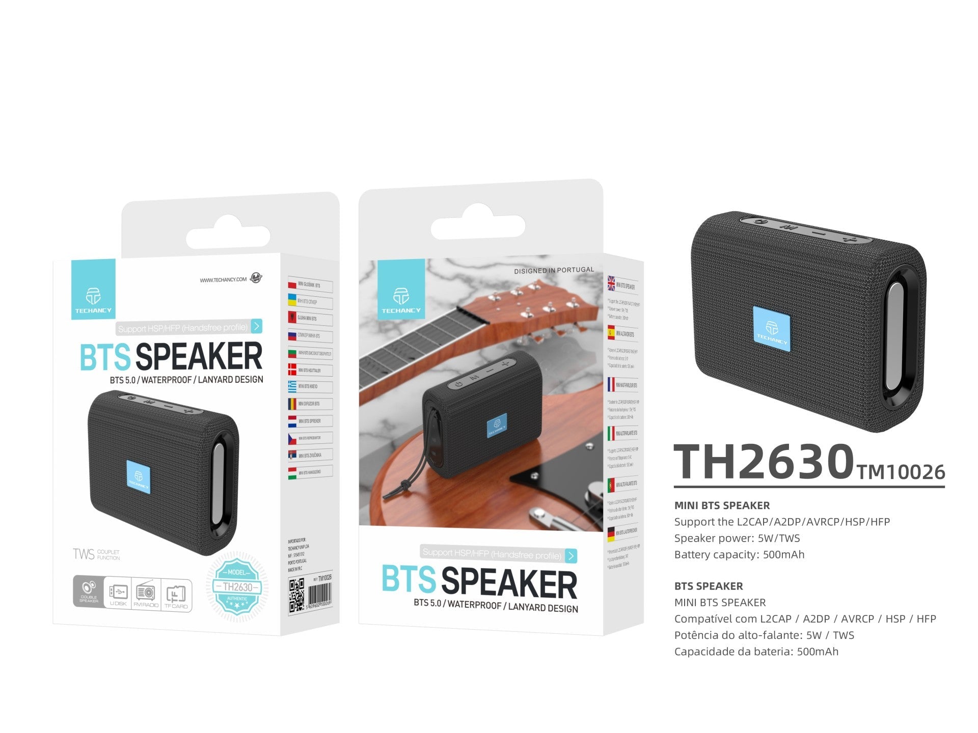 Techancy Mini Altifalante Sem Fios Preto TH2630, Reprodução Com Bateria Incorporada, Conetividade Bluetooth 5.0, Suporte Tws